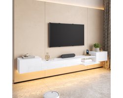 Wishdor - TV meubel - Wandhangend hoogglans design met 5 deuren en LED-verlichting - Modern woonkamer meubel - Houtlook wit - 245 x 30 x 26 cm
