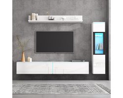 Wishdor - TV wandmeubel set - 3-delig met LED verlichting - tv-meubel, vitrine en hangplank - modern voor woonkamer - houtlook hoogglans wit - 180 cm