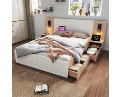 Wishdor Tweepersoonsbed 140x200 cm – 360° Leeslamp met USB – 2 Lades – Massief Hout en MDF – Wit en Licht Eiken