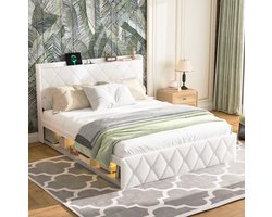 Wishdor Tweepersoonsbed 140x200 cm - Gestoffeerd bed met USB-oplaadfunctie en LED-verlichting - Teddy stof - Wit - Met lattenbodem en opbergruimte - Zonder matras