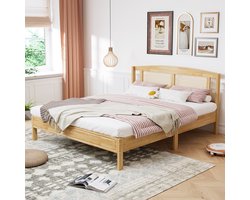 Wishdor Tweepersoonsbed 160x200 cm - Rotanlook Hoofdbord - Naturel Grenen & PE-Rotan - 15 Latten - Bohemian Stijl