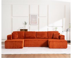 Wishdor - U-Bank - Zonder Montage - Modern - Voor Woonkamer - Ribfluweel - Oranje - 332 X 156 X 88 Cm