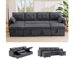 Wishdor - U-Vormige Slaapbank - Met Opbergruimte En Bekerhouders - Voor Woonkamer Of Logeerkamer - Katoen-Linnen - Grijs - 270 x 130 x 86 cm