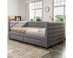 Wishdor Uitschuifbaar Gestoffeerd Bed – 3-in-1 Slaapbank – 90/180 x 190 cm – Met 2 Opberglades – Katoen-Linnen Grijs – Lattenbodem met 24 Latten – Flexibel voor Woonkamer of Logeerkamer – Stabiel tot 150 kg
