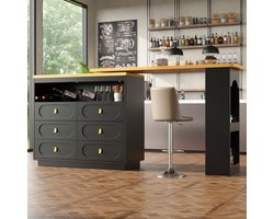 Wishdor Uitschuifbare Bartafel met 360° Draaischijf, 137–203 cm Verstelbaar, 6 Lades & Opbergplank, Zwart MDF