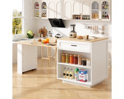 Wishdor - Uitschuifbare Bartafel Met Opbergruimte - Verrijdbaar - Modern - Voor Keuken En Eethoek - MDF - Wit - 133-202 X 70 X 93,5 Cm