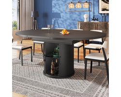 Wishdor - Uitschuifbare Eettafel - Met Opbergruimte - Rond Naar Ovaal - Voor Keuken Of Eethoek - MDF - Zwart - 118-158 x 118 x 76,8 cm