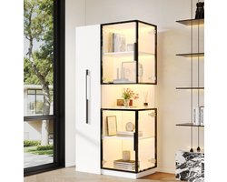 Wishdor - Vitrinekast - Dubbel glasdesign met LED verlichting en uitschuifbare zijrekken - Modern - Woonkamer of eetkamer - Houtlook en glas - Wit - 70 x 38 x 160 cm