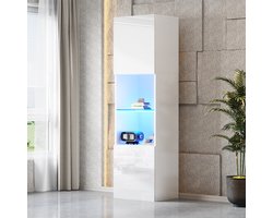 Wishdor Vitrinekast - Hoogglans - Met Ledverlichting - Met Glazen Legplank - Spaanplaat - Wit - 45 x 35 x 160 cm