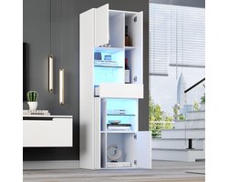 Wishdor Vitrinekast - Met Ledverlichting En Hoogglans Front - Met 1 Lade En 4 Kasten - Spaanplaat - Wit - 55 X 38 X 170 Cm