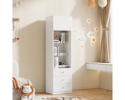 Wishdor Vitrinekast - Met Verstelbare Glazen Planken En Drie Laden - Scandinavisch Ontwerp - Voor Woonkamer Of Hal - MDF En Glas - Wit - 50 X 40 X 180 Cm