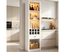 Wishdor - Vitrinekast - smalle hoge open kast met 1 lade en LED-verlichting - modern - voor woonkamer keuken of eetkamer - houtlook wit - 55x40x200 cm