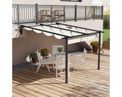 Wishdor - Wandgemonteerde Pergola - Uitschuifbaar Dak - Voor Terras - Aluminium - Crèmewit - 297 X 297 X 200/230 Cm