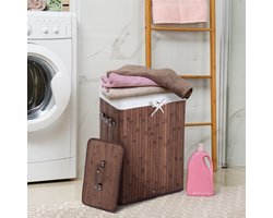 Wishdor - Wasmand Met Deksel - Uitneembare Waszak En Handgrepen - Tijdloos Ontwerp - Voor Badkamer Of Slaapkamer - Bamboe En Stoffen Binnenzak - Donkerbruin - 40 X 30 X 60 Cm - 72 L