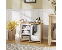 Wishdor - Wasmand Met Uittrekbare En Afneembare Waszakken En Opbergplank - 4 Vakken En Lattenstructuur - Natuurlijk Ontwerp - Voor Slaapkamer Of Wasruimte - Bamboe En Stof - Wit - 70 X 36 X 70 Cm