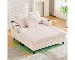 Wishdor XXL Loveseat / Chaise Longue - Met LED Sfeerverlichting, USB & Bekerhouders - Ribstof - Beige - 128x142 cm