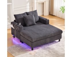 Wishdor XXL Loveseat / Chaise Longue - Met LED Sfeerverlichting, USB & Bekerhouders - Ribstof - Donkergrijs - 128x142 cm
