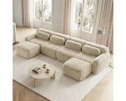 Wishdor XXL Modulaire Hoekbank - Teddy Stof Vloerbank met 6 Elementen - Kant-en-Klaar - Licht Khaki - 378 x 179 cm