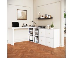 Wit 360° Draaibaar Hoekbureau Met 4 Laden En 4 Planken - 4 Cm Dik MDF Bureau - L-Shape Of Recht Bureau Voor Thuis, Kantoor Of Tienerkamer