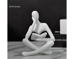 Wit Beeldje Van Een Lezer, Modern Abstract Esthetisch Beeldhouwwerk, Beeldje Van Een Denker Van Hars, Woondecoratie, Woonkamer, Studeerkamer, Boekenplank, Tafelornament, Contemplatief Beeldje