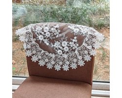 Wit Bloemen Linnen Rond Tafelkleed voor Eetkamer en Keuken - Ronde Kanten - Salontafel Topper - Decoratief Tafelkleed - 60 x 60 cm