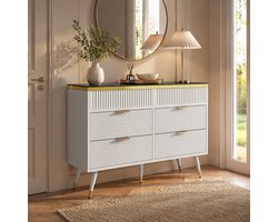 Wit dressoir met bruin glazen blad en metalen poten - 120 x 40 x 76 cm