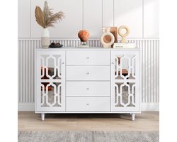 Wit gespiegeld dressoir met stoere kristallen handgrepen, Retro Gespiegelde Console Tafel met 4 laden en 2 kasten voor woon- en eetkamer-147,5 x 40 x 102cm wit