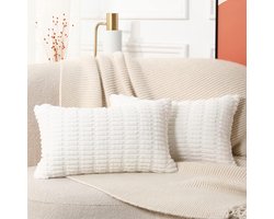 Wit gestreepte corduroy boho kussenslopen - Set van 2 - 30 x 50 cm - super zacht - decoratief - rechthoekig - pluche - voor bank en slaapbank - boerderij kussensloop 30x50