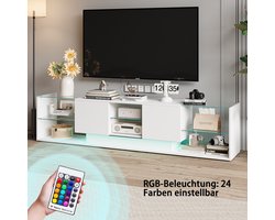 Wit Glanzende TV-kast - Slimme LED-verlichting, 3 Planken en 2 Laden, Modern TV-meubel voor de Woonkamer, 200 x 35 x 45 cm