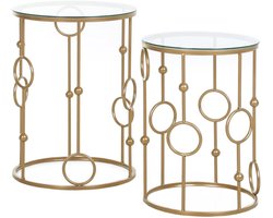Wit Goudkleurige Bijzettafelset 41 x 41 x 57 cm + 36 x 36 x 51 cm, 2-delige Set Salontafels, Glazen Tafelbladen, Metalen Frame, Stapelbare Tafels, Woonkamer, Slaapkamer en Kantoor, Modern Ringdesign, Elegant en Praktisch