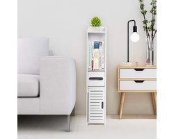 Wit Houten Vrijstaande Badkamer Wc Kast Met Stoffen Plank 80x15.5x15CM - Opbergkast Toilet - Stijlvolle Opberger Voor Badkamer.