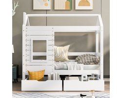 Wit huisbed kinderbed jeugdbed 160x80, veelzijdig houten kinderbed voor jongens en meisjes met uitvalbeschermingsraam en lattenbodem