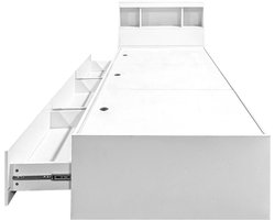 Wit multifunctioneel opberg kinderbed 188*99*40/90 cm, eenpersoonsbed met open legplank aan hoofdeinde en uittrekbare meerdere laden, plaatbed voor kleine woningen