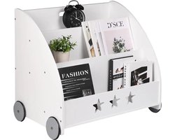 WIT Multifunctionele Kinderboekenkast 4 Geruisloze Rubberen Wielen- Opslag- en Boekenplank - Praktische Boekenkast - Boekenrek - Speelgoedplank - 3 Planken - 62 x 42 x 57 Gezellige Sfeer in de kinderkamer te Creëren - Ruimte Efficiënt te Benutten MDF