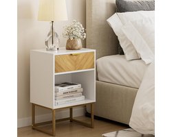 Wit nachtkastje, modern nachtkastje, bijzettafel met eiken lade, nachtkastje, houten eindtafel voor woonkamer, slaapkamer, kantoor