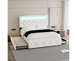 Wit Polsterbett 140x200 cm met uitklapbed en 2 lades, inkl. LED-nachttafel, 109/115 cm hoog verstelbaar