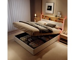 Wit PU-Leder Tweepersoonsbed 140x200 cm – Hydraulisch Opbergbed met LED-Verlichting, USB & Type-C, Hoofdbord met Opbergruimte, Modern Luxe Bed met Gaslift