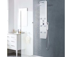 Wit van glas en roestvrij staal met regendouche, handdouche en massagesproeiers, 25 x 44,6 x 130 cm