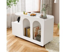 Witte bijzetkast met wielen - Veelzijdige opbergkar - Boogdesign - Creamy-style - Voor woonkamer, eetkamer & slaapkamer - 82 cm breed