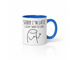 Witte & Blauwe Mok 330ml – “Sorry I’m Late I Didn’t Want to Come” Grappige Introverte Mok – Sarcastisch Humor Cadeau – Keramische Thee- en Koffiemok