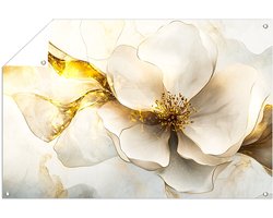 Witte bloem met gouden accenten - Bloem tuindecoratie - Tuinwanddecoratie natuur - Art Nouveau - Tuinaccessoires - Tuindecoratie - Tuinposter 150x100 cm