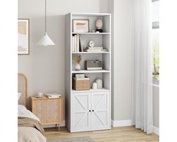 Witte Boekenkast met Deurtjes - Landelijk 'Farmhouse' Design - 6 Niveaus - Hoge Opbergkast voor Woonkamer & Kantoor - 181 cm Hoog