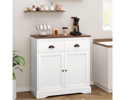 Witte Buffetkast - Koffiebar Meubel met 2 Laden en Deurtjes - Modern Farmhouse Dressoir - Keukenkast met Verstelbare Plank - Wit