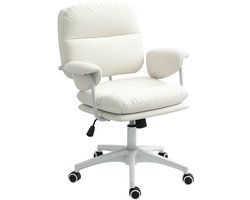 Witte Bureaustoel 65x64x98 cm, Kantoorstoel, Computerstoel, Draaistoel, Schrijftafelstoel met Armleuningen, Zachte Zitting, Hoogteverstelling, Kantelfunctie en Wieltjes voor Home Office, Slaapkamer