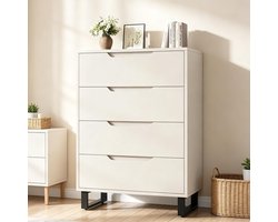 Witte commode/ ladekast 4 lades - 76x40x106,5 cm - vrijstaande houten kast met opbergruimte voor slaapkamer, woonkamer en hal