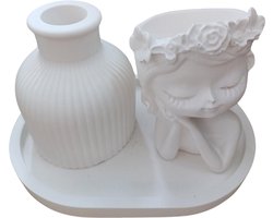 Witte Decoratie Set met Vaas, Beeldje & Tray – Inclusief Kaars – Scandinavische Woonaccessoires – Modern & Minimalistisch Design