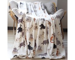 Witte deken met veel katten, bankhoes, bedlaken, slaapdeken, airconditioningdeken, kerstdeken, 150 cm x 200 cm