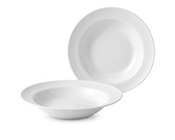 Witte diepe borden set 2 stuks – kunststof ronde diepe borden met brede rand en lijn reliëf – pasta borden soep borden salade borden dessert borden en fruit borden – servies voor keuken en eettafel