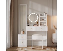 Witte Dressing Table 4-in-1 - Met LED Spiegel Kruk Metaalgrepen 164x109x36 cm