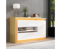 Witte en gele opbergkast voor de woonkamer - Woonkamerkast 140 x 40 x 84 cm - moderne ladekast met 4 vakken - breedte 140 cm - kast met ledstrip - hoogglans dressoir met deuren van gehard glas - geschikt voor hal - woonkamer en kantoor
